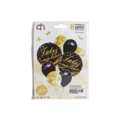 GLOBO C/8PZ NEGRO/DORADO FELIZ DIA